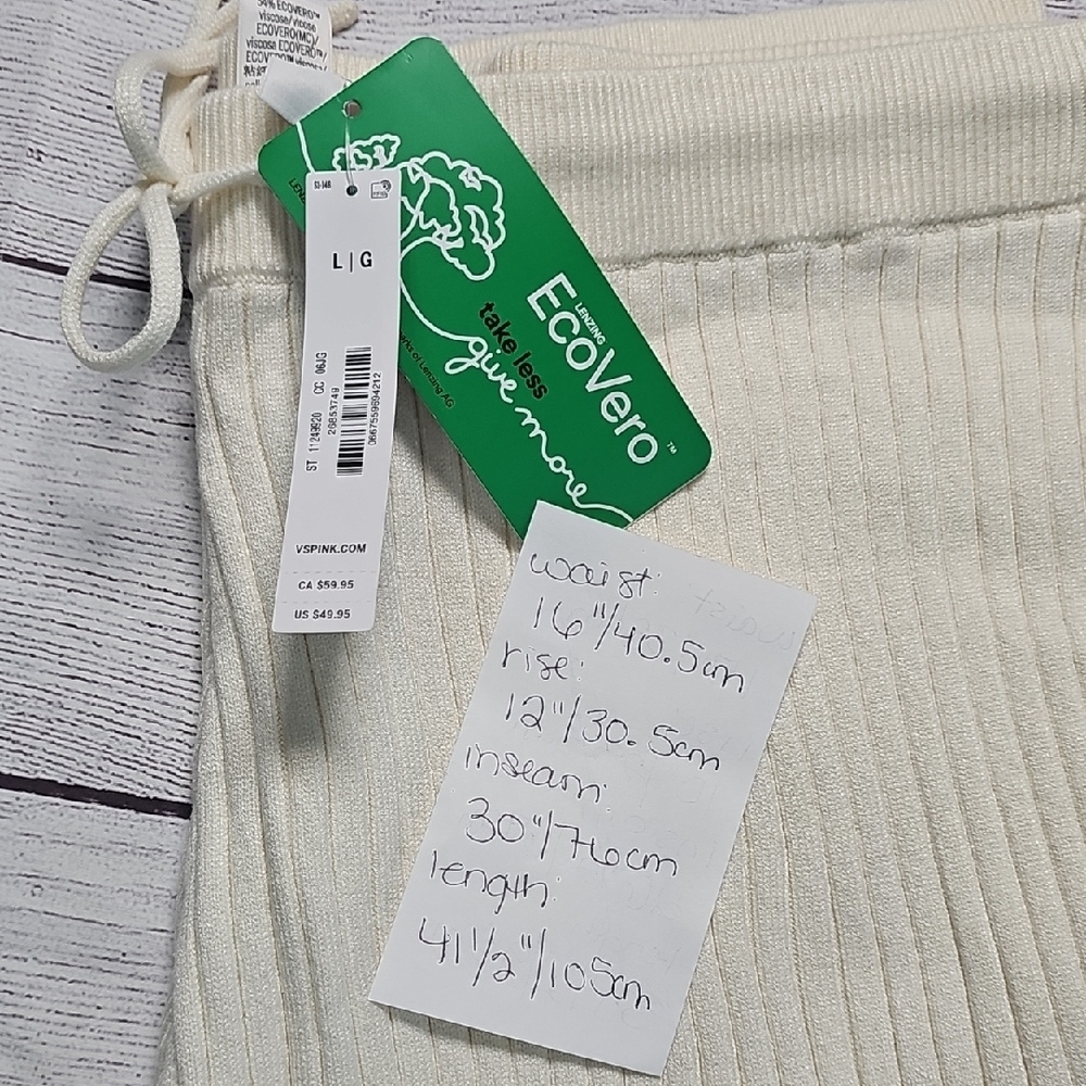 NWT L PINK Victoria's Secret Cream Ribbed Pajama Pants - Picture 2 of 10